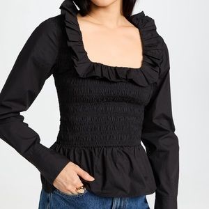 Ganni Shirred Cotton-Poplin Blouse Black Size 34/S